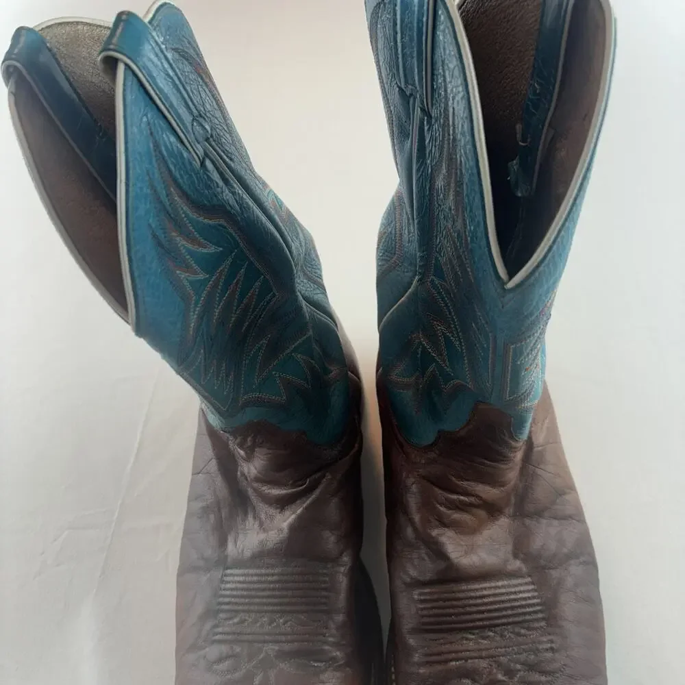 Justin Made in USA Square Toe Western Cowboy Brown Blue Leather Boots 13D Mens